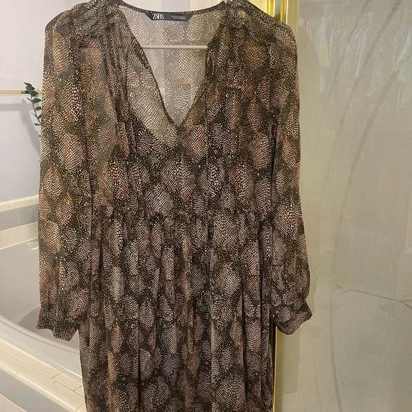 Zara Brown Patterned Long Sleeve Dress - Picture 2 of 2